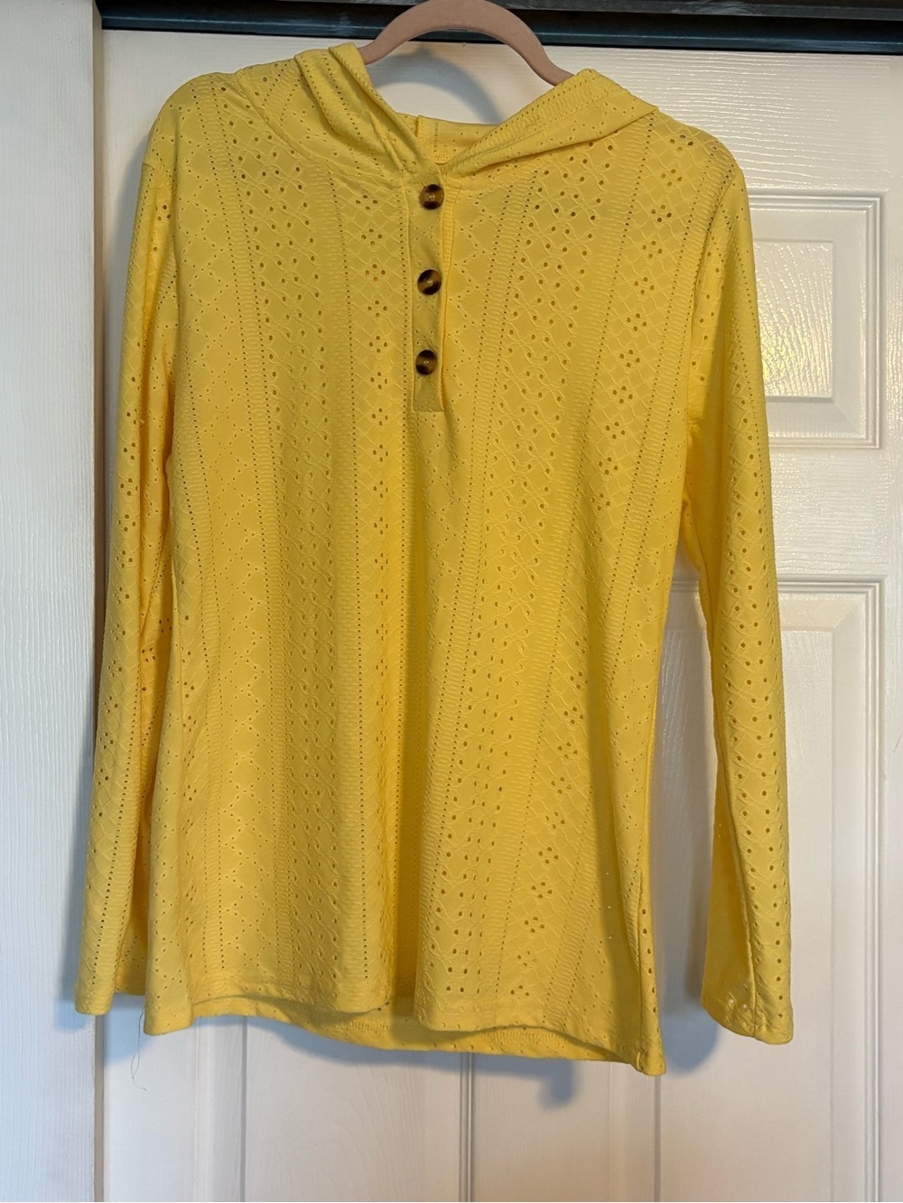 Amazon Yellow Hooded Eyelet Knit Long Sleeve Top